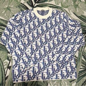 Dior Men's Sweater Oblique Jacquard Wool Pullover in Blue/Purple and Cream Large